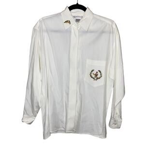 Vintage Evan Picone White Cotton Blouse Embroidered Crest Button Front Size 8